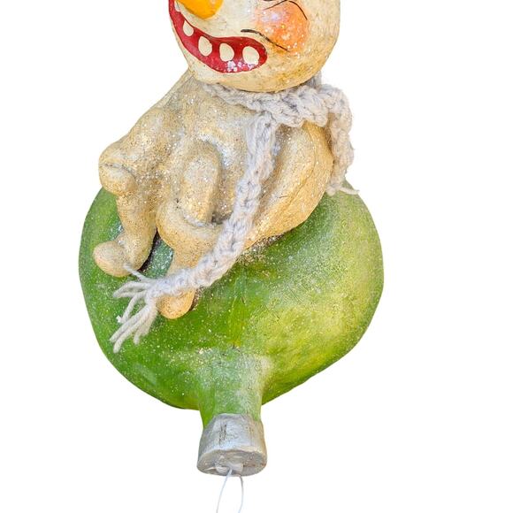 Vintage - Style Snow Man Folk Art Sitting On A Christmas Tree Bulb - Picture 6 of 10